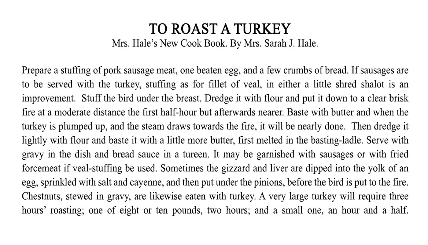 To Roast a Turkey, from Mrs. Hale's New Cook Book