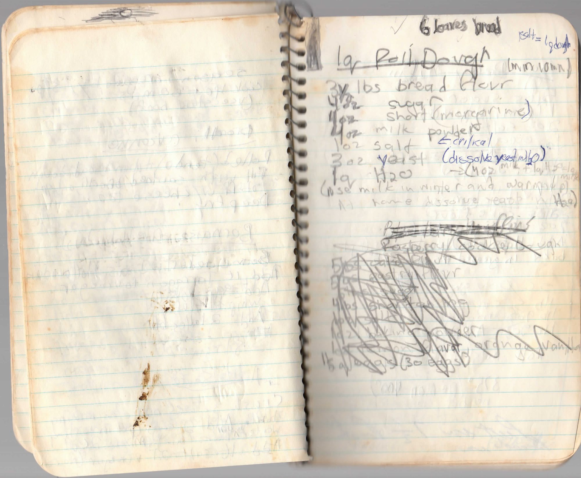 Handwritten notebook page 16, showing Roll Dough (6 Loaves Bread)
