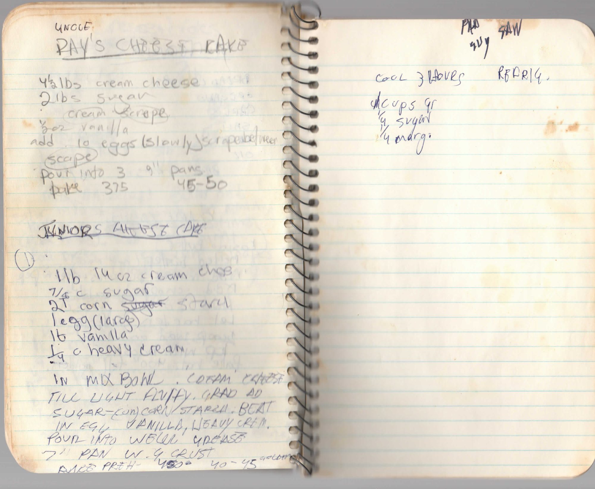 Handwritten notebook page 22, showing Junior's Cheese Cake