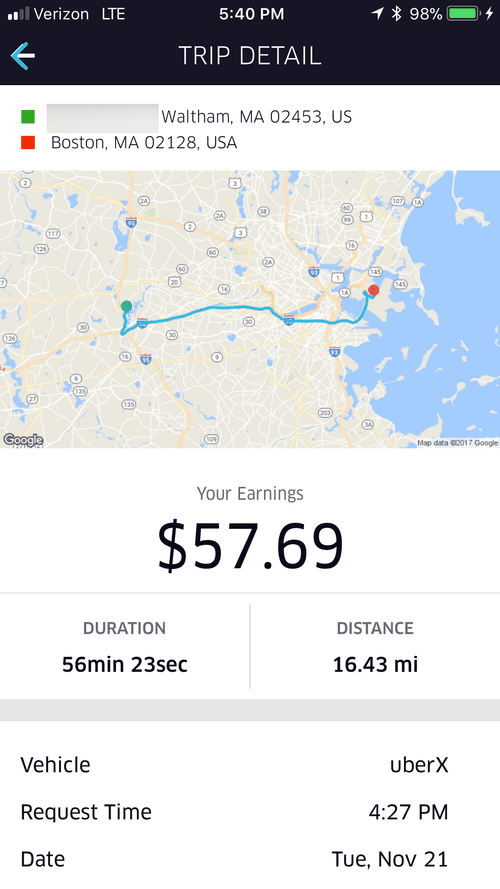 Trip detail: Waltham to Boston, 16.43 miles, $57.69
