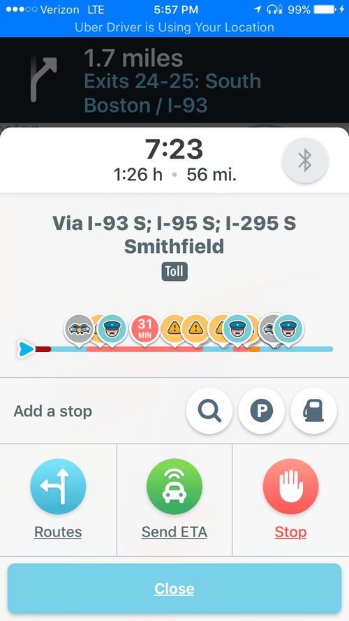 Waze route to Smithfield via I-93, I-95 and I-295, 56 miles