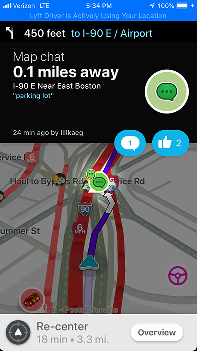 Waze map chat near East Boston: "parking lot"