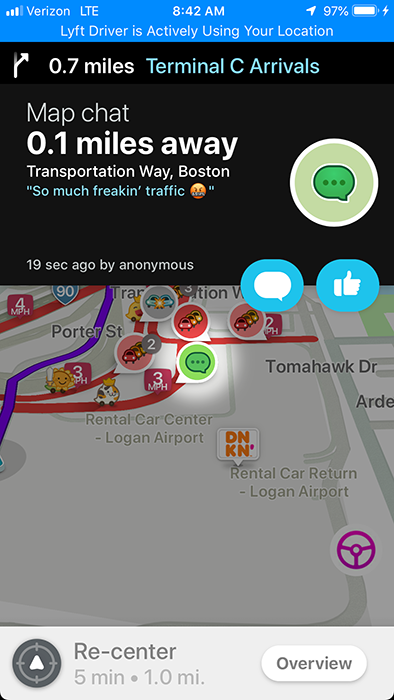 Waze map chat near Logan Airport: "So much freakin' traffic"