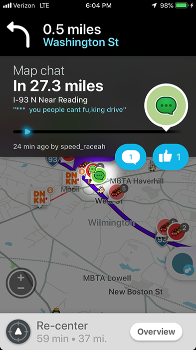 Waze map chat on I-93 near Reading cursing other drivers