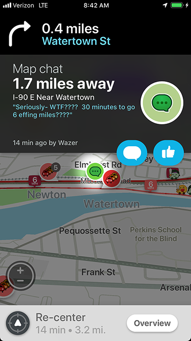 Waze map chat near Watertown: 30 minutes to go 6 miles
