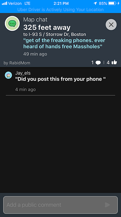Waze chat thread on Storrow Drive: "Did you post this from your phone"