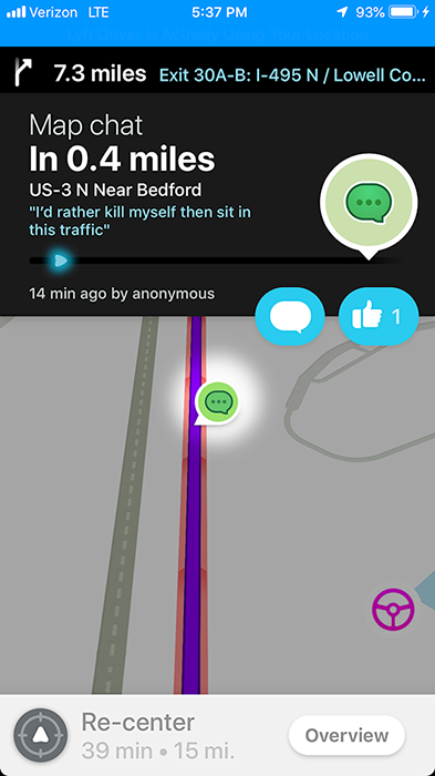 Waze map chat near Bedford: a driver who can't stand sitting in this traffic