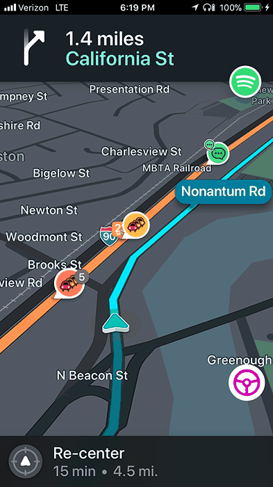 Waze navigation in Newton with traffic and chat icons