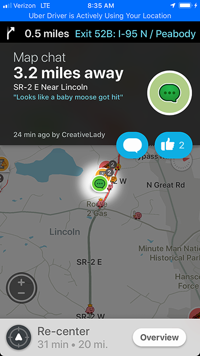 Waze map chat near Lincoln: "Looks like a baby moose got hit"