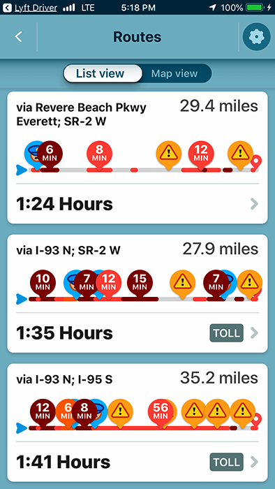 Lyft route options, all over 1 h 20 min for under 36 miles