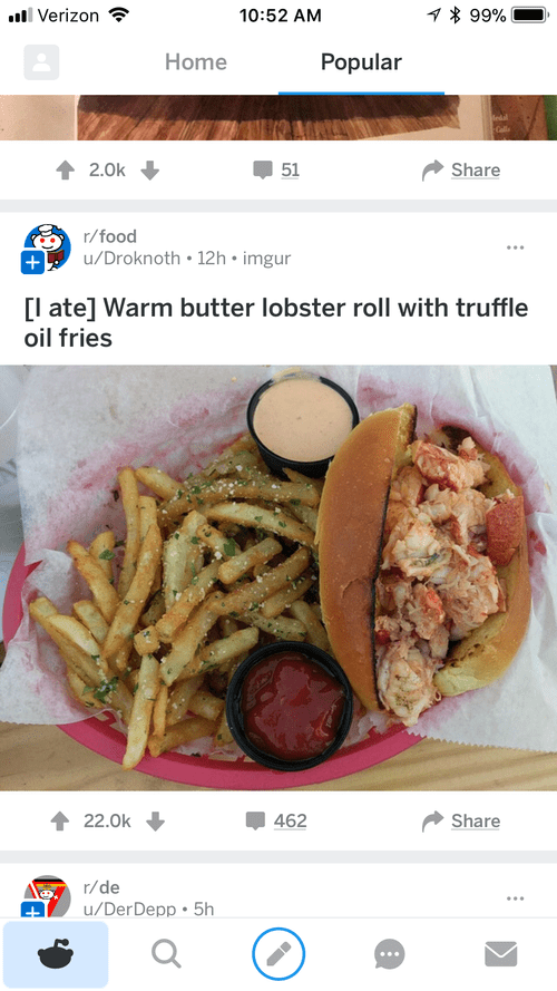 Reddit post of a warm butter lobster roll with truffle fries