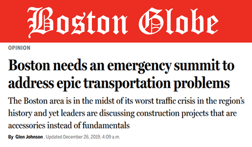 Boston Globe opinion headline calling for an emergency summit on transportation