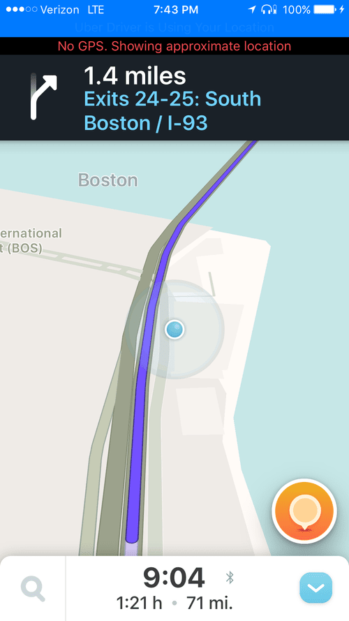 Waze navigation toward I-93 South, 71 miles to go