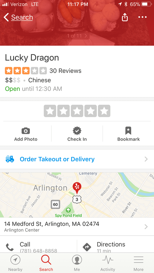 Yelp listing for Lucky Dragon, a Chinese restaurant in Arlington, MA