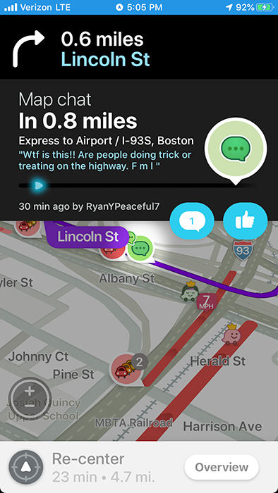 Waze map chat on the airport express lane asking if people are trick-or-treating