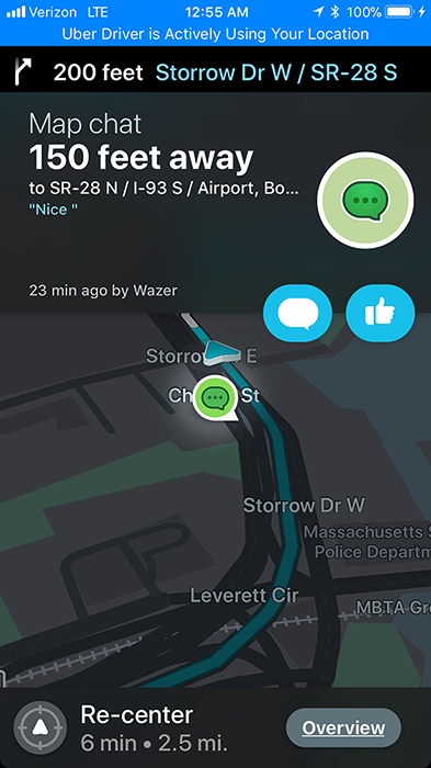 Waze map chat on Storrow Drive: "Nice"