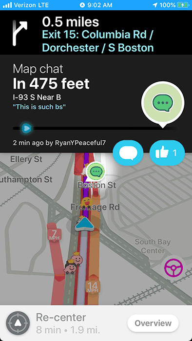 Waze map chat on I-93 South: "This is such bs"