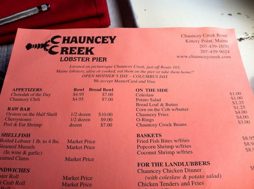 Chauncey Creek Lobster Pier menu