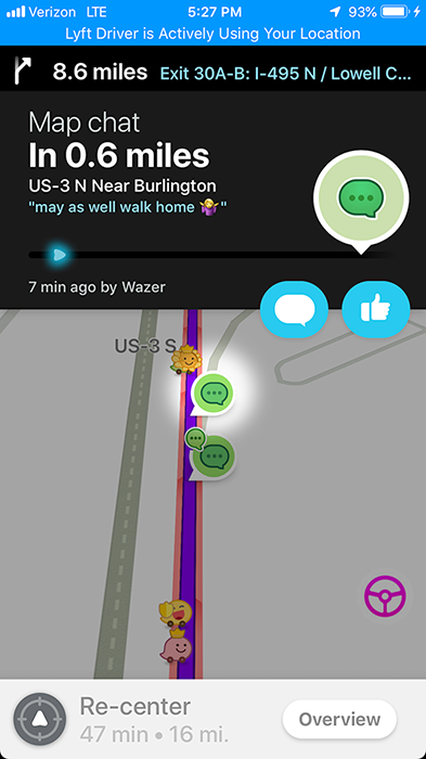 Waze map chat near Burlington: "may as well walk home"