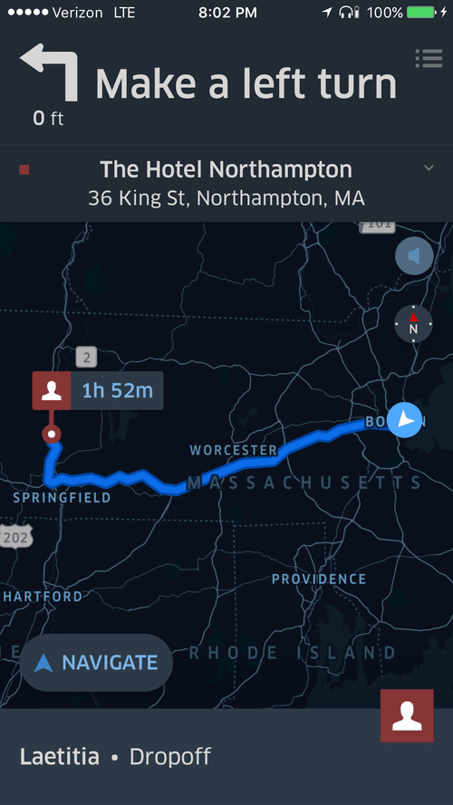 Night navigation to The Hotel Northampton, 1 h 52 min away