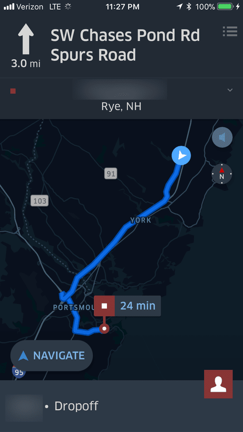 Night navigation to Rye, NH, 24 minutes away