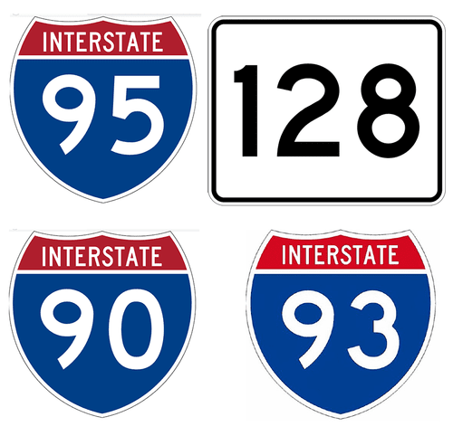 Highway shields for Interstates 95, 90 and 93 and Route 128