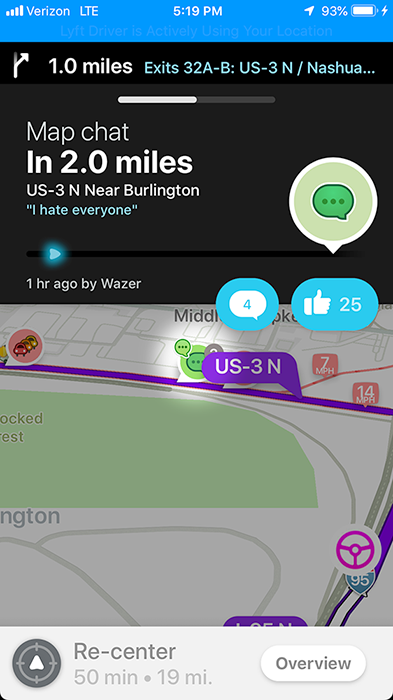 Waze map chat on Route 3 near Burlington: "I hate everyone"
