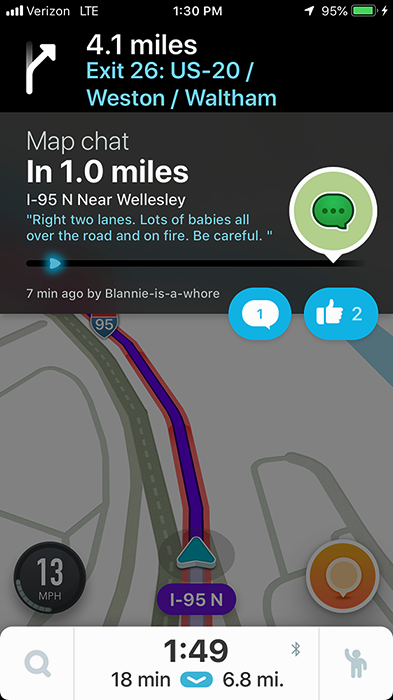 Waze map chat near Wellesley warning of babies on the road and on fire