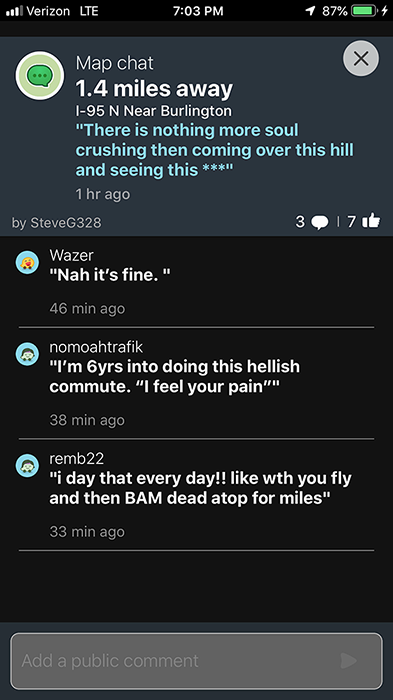 Waze chat thread near Burlington about a soul-crushing commute