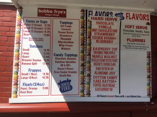 Bubba Frye's ice cream menu board