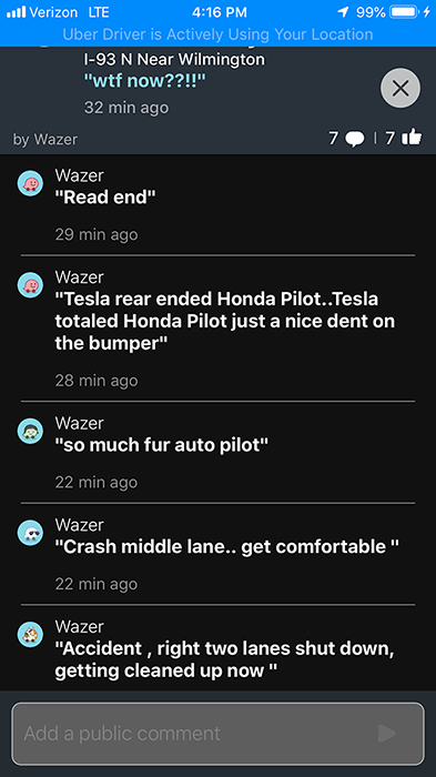 Waze chat thread about a Tesla rear-ending a Honda Pilot on I-93