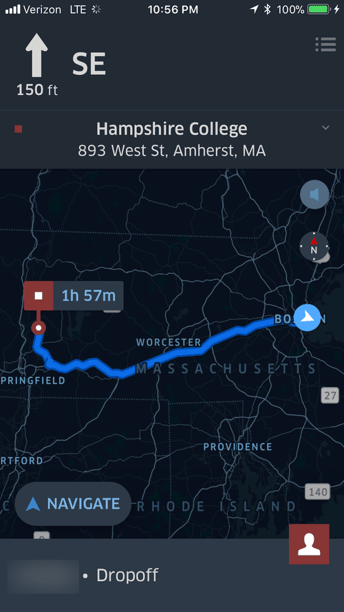 Night navigation to Hampshire College in Amherst, MA, 1 h 57 min away
