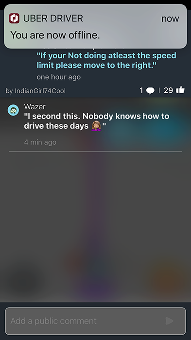 Waze chat asking slow drivers to move right, with a reply agreeing