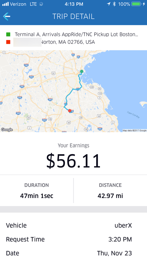 Trip detail: Logan Airport to Norton, MA, 42.97 miles, $56.11