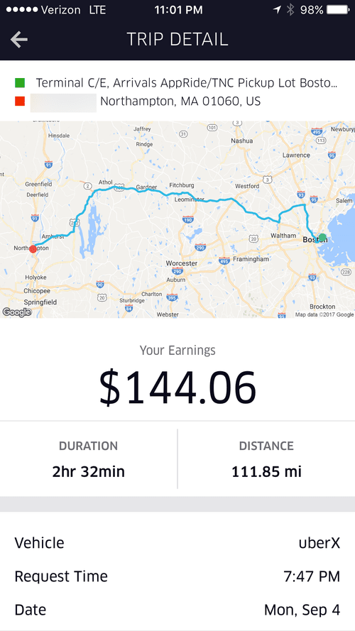 Trip detail: Logan Airport to Northampton, MA, 111.85 miles, $144.06