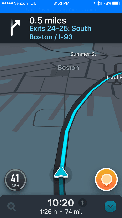 Waze navigation through Boston toward I-93 South, 74 miles to go