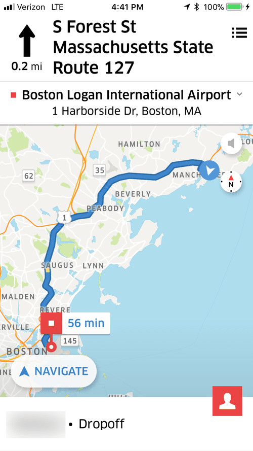 Navigation to Boston Logan Airport, 56 minutes away