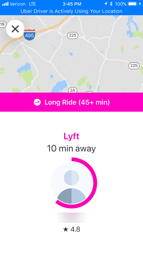 Lyft request flagged as a long ride of 45+ minutes