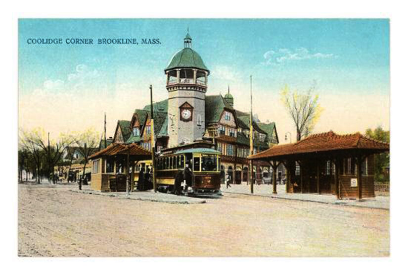 Old postcard of Coolidge Corner, Brookline, with a streetcar