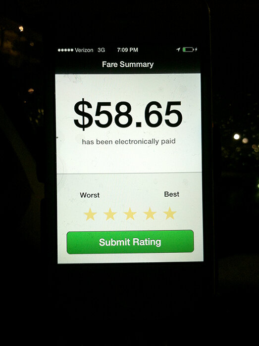 Uber fare summary on a phone: $58.65 paid