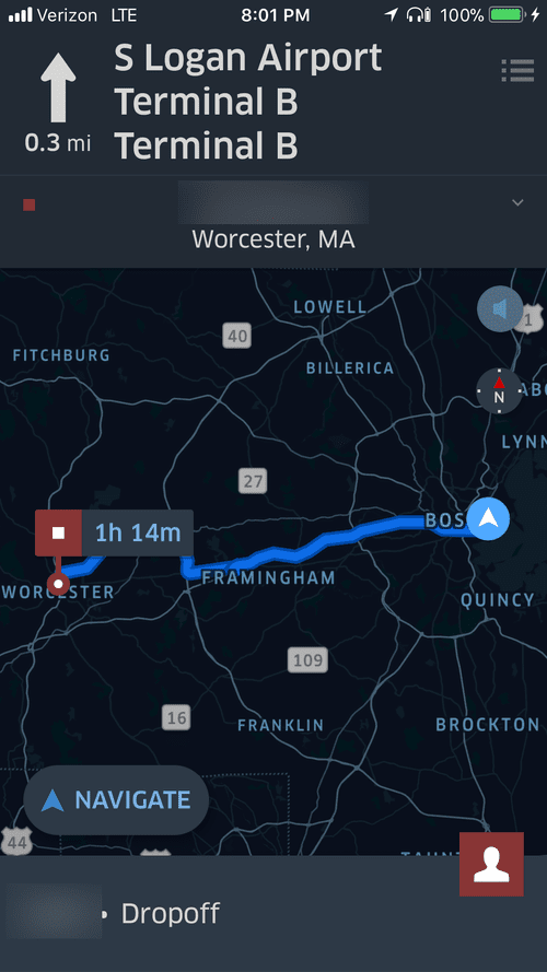 Night navigation from Logan Airport to Worcester, MA, 1 h 14 min
