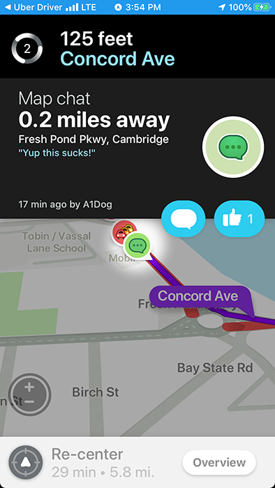 Waze map chat in Cambridge: "Yup this sucks!"