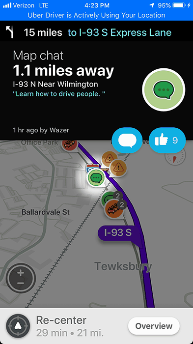 Waze map chat near Wilmington: "Learn how to drive people."