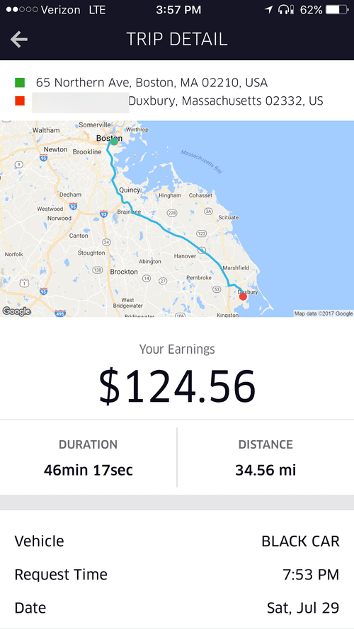 Black car trip detail: Boston to Duxbury, MA, 34.56 miles, $124.56