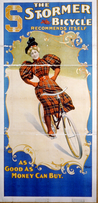 Stormer Bicycle poster of a woman riding in a plaid dress