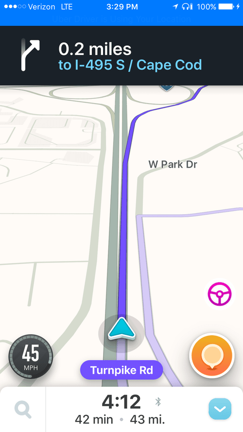 Waze navigation toward I-495 South and Cape Cod, 43 miles to go