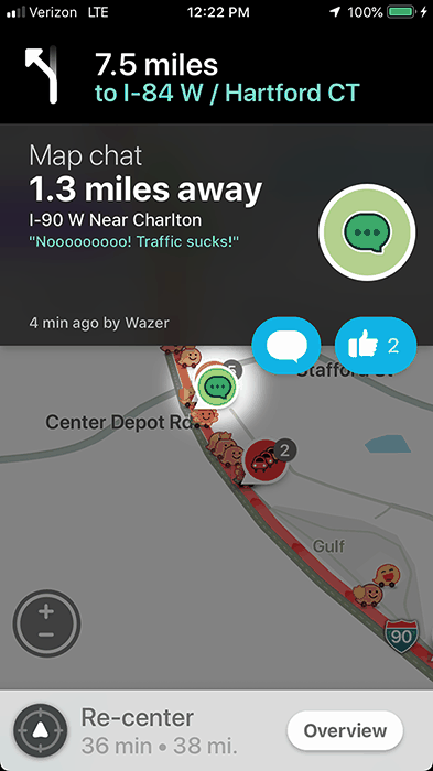 Waze map chat on I-90 near Charlton: "Nooooooo! Traffic sucks!"