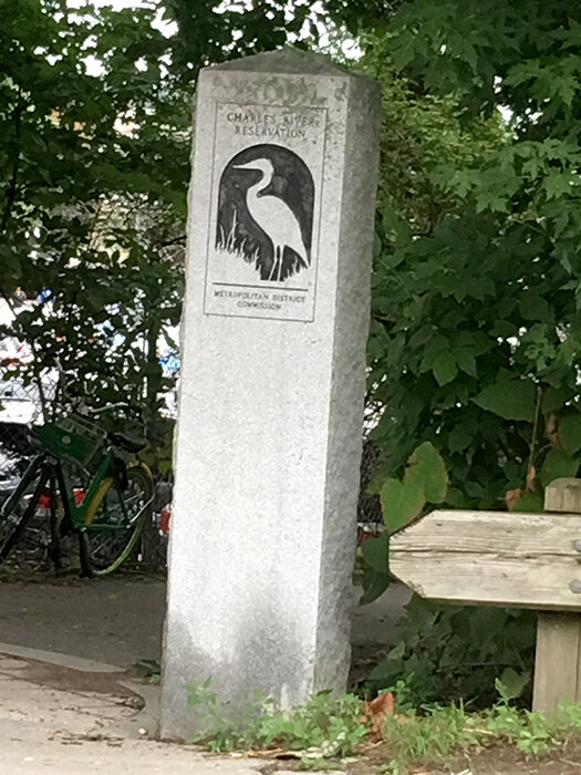 Charles River Reservation stone marker with a heron