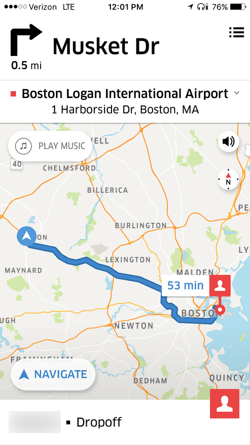 Navigation to Boston Logan Airport, 53 minutes away