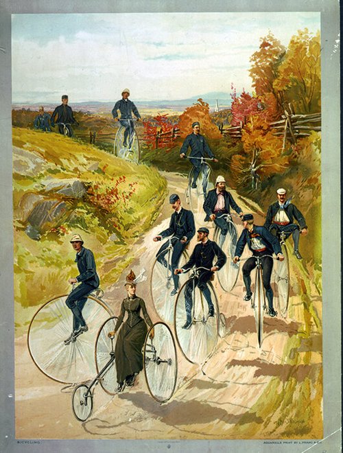 Painting of high-wheel cyclists riding a country road in autumn